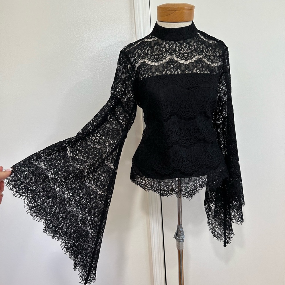VENUS Black Lace High-Neck Bell-Sleeve Blouse - Picture 6 of 10